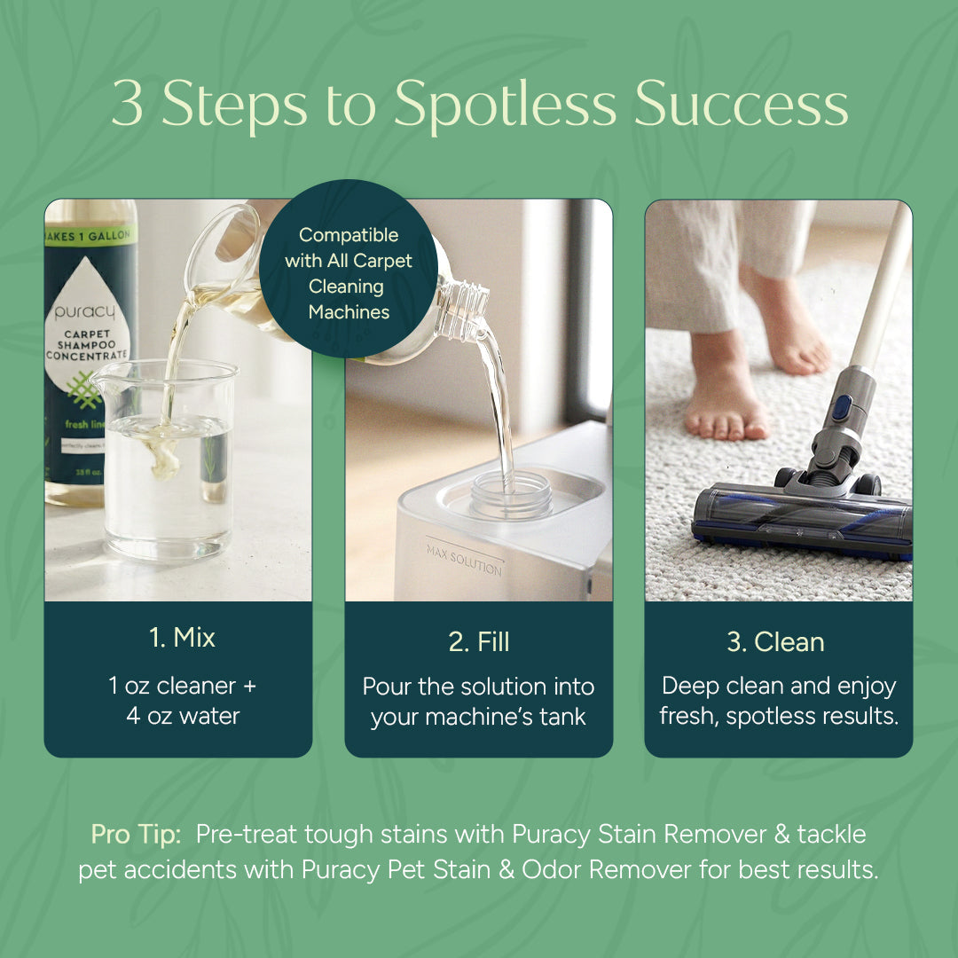 Puracy Carpet and Upholstery Shampoo bottle, designed for deep cleaning carpets and fabric furniture with natural ingredients.