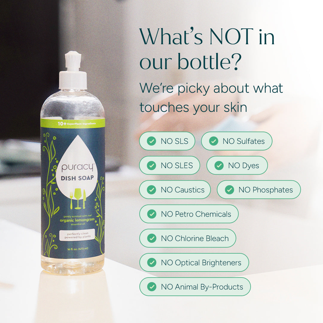 Puracy dish soap bottle with 48oz size, clear label, and pump dispenser for effective kitchen cleaning and dishwashing.