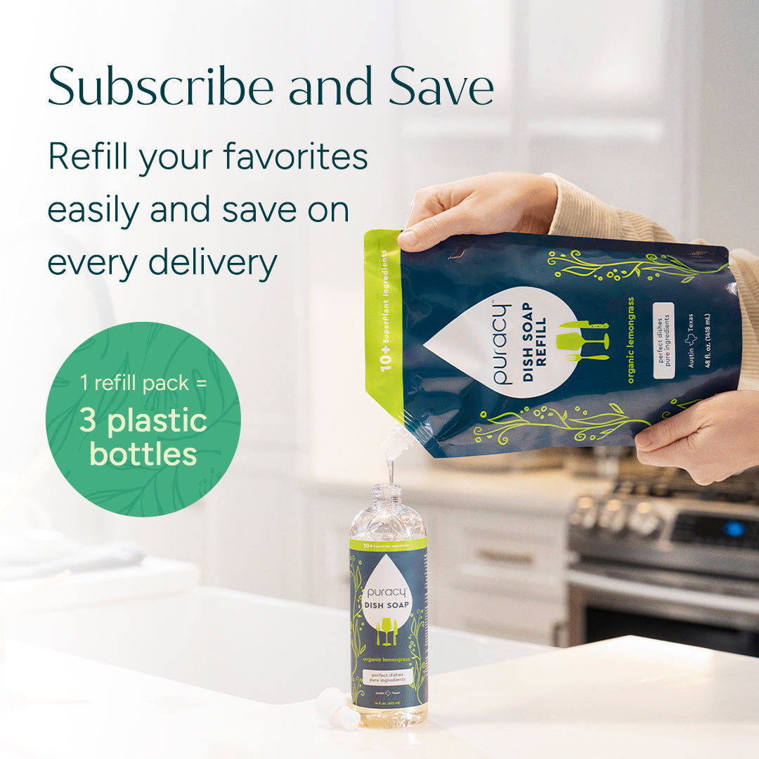 Puracy dish soap in a 48oz bottle, clear liquid with a pump dispenser, designed for cleaning dishes effectively and safely.