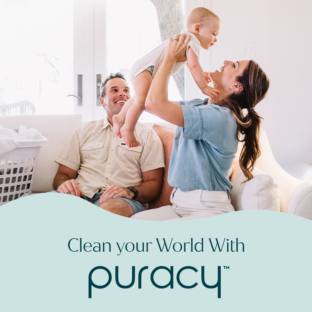 Puracy dish soap bottle with 48oz size, clear label, and pump dispenser, used for cleaning dishes and kitchenware.