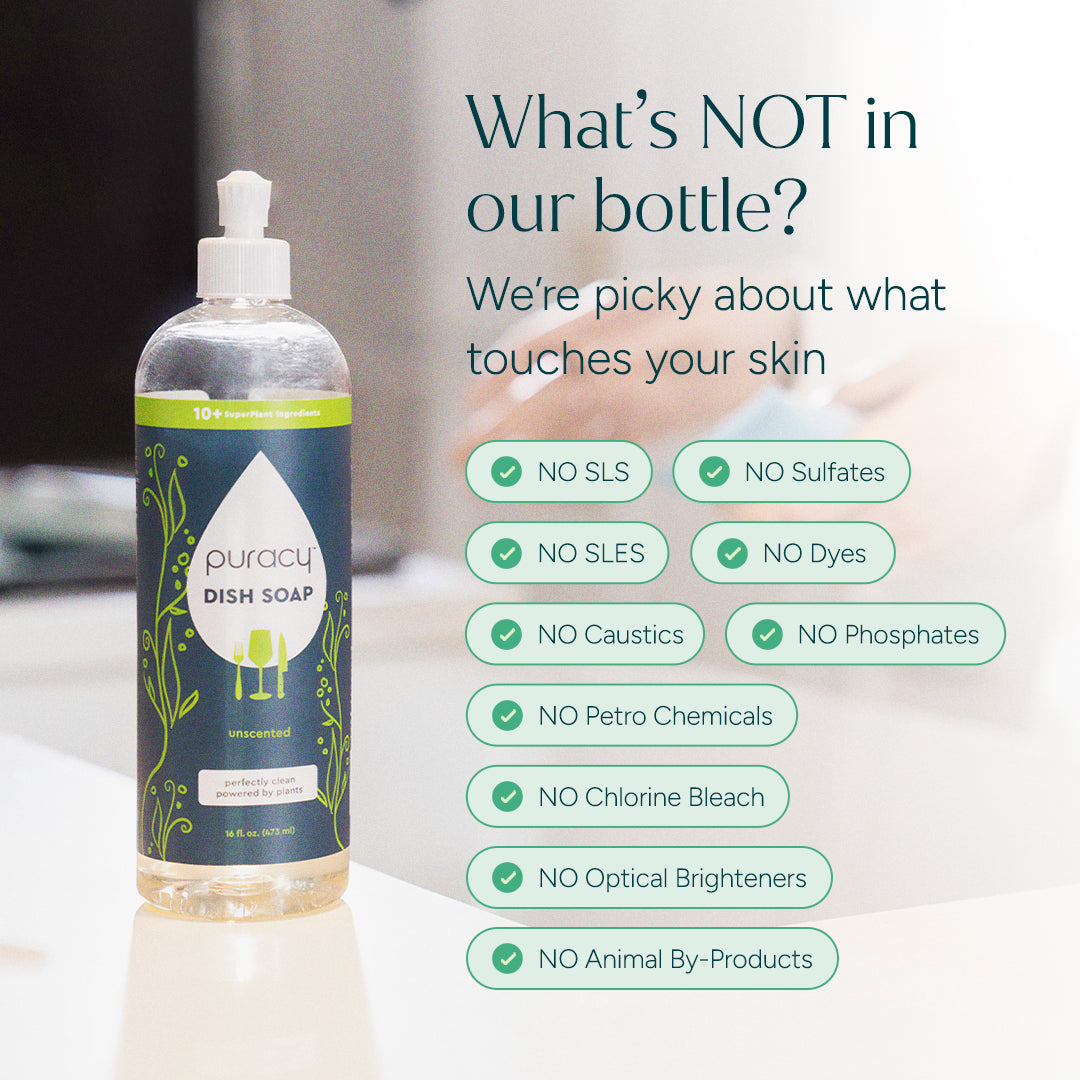 Puracy unscented dish soap 16oz bottles in a 3-pack, showing the clear liquid and label on the bottles.