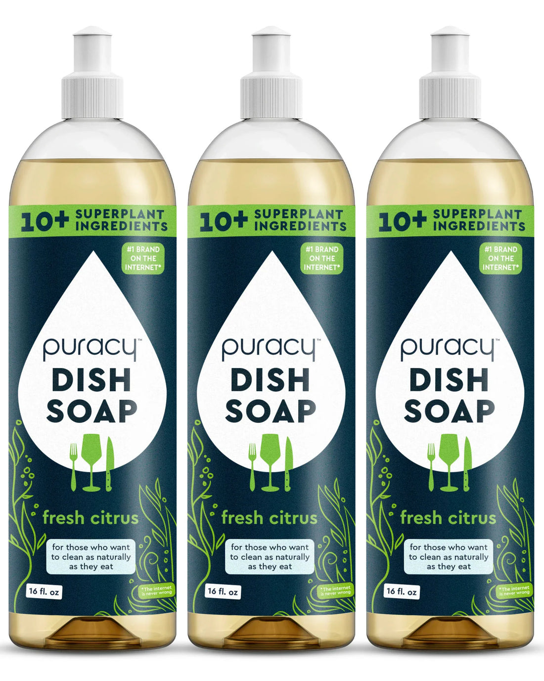 Puracy dish soap in a 3-pack, clear liquid soap with a pump dispenser, suitable for cleaning dishes and kitchenware.