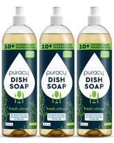 Puracy dish soap in a 3-pack, clear liquid soap with a pump dispenser, suitable for cleaning dishes and kitchenware.