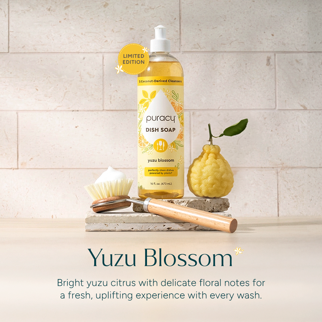 Puracy Yuzu dish soap bottle with label, showing lemon and yuzu citrus fruits, designed for cleaning dishes and kitchenware.
