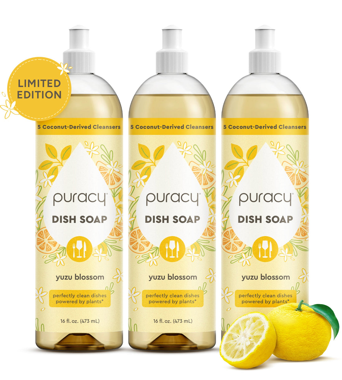 Puracy Yuzu dish soap in a 3-pack, showing bottles with yellow and green labels, designed for cleaning dishes effectively.