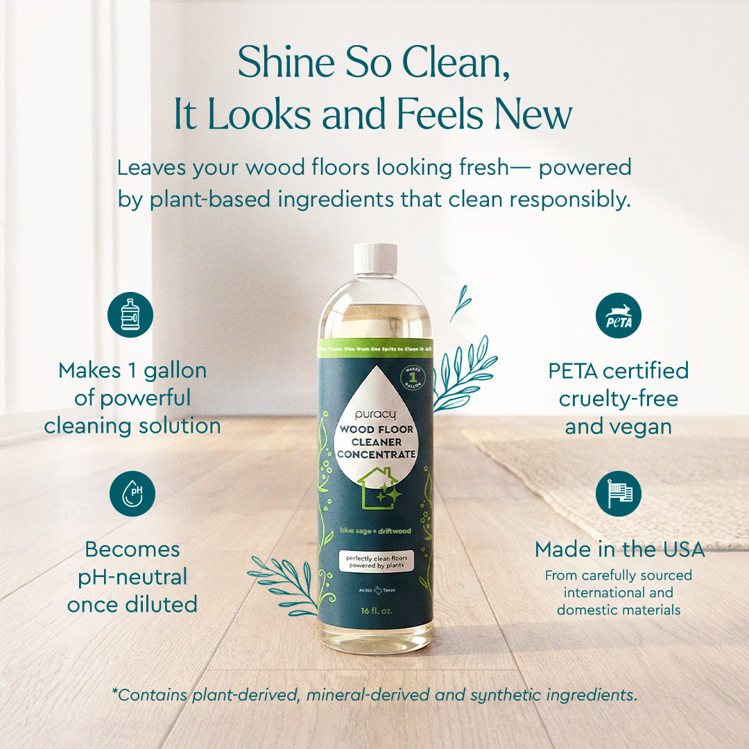 Puracy multi-surface cleaner bottle next to a clean wood floor, demonstrating its use for versatile surface cleaning.