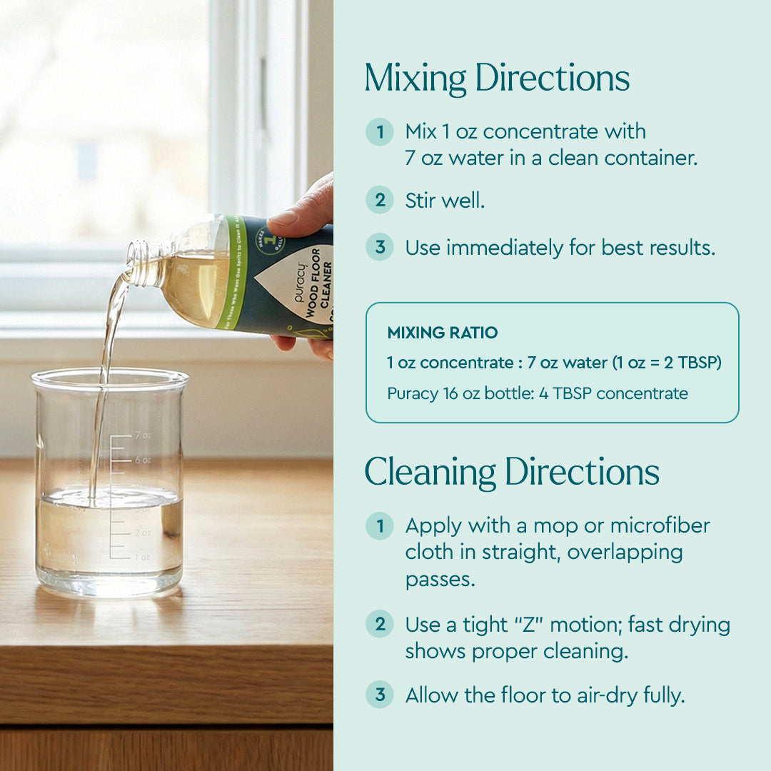 Puracy Everyday Multi-Surface Cleaner spray bottle aimed at cleaning wood floors and various surfaces in a home.