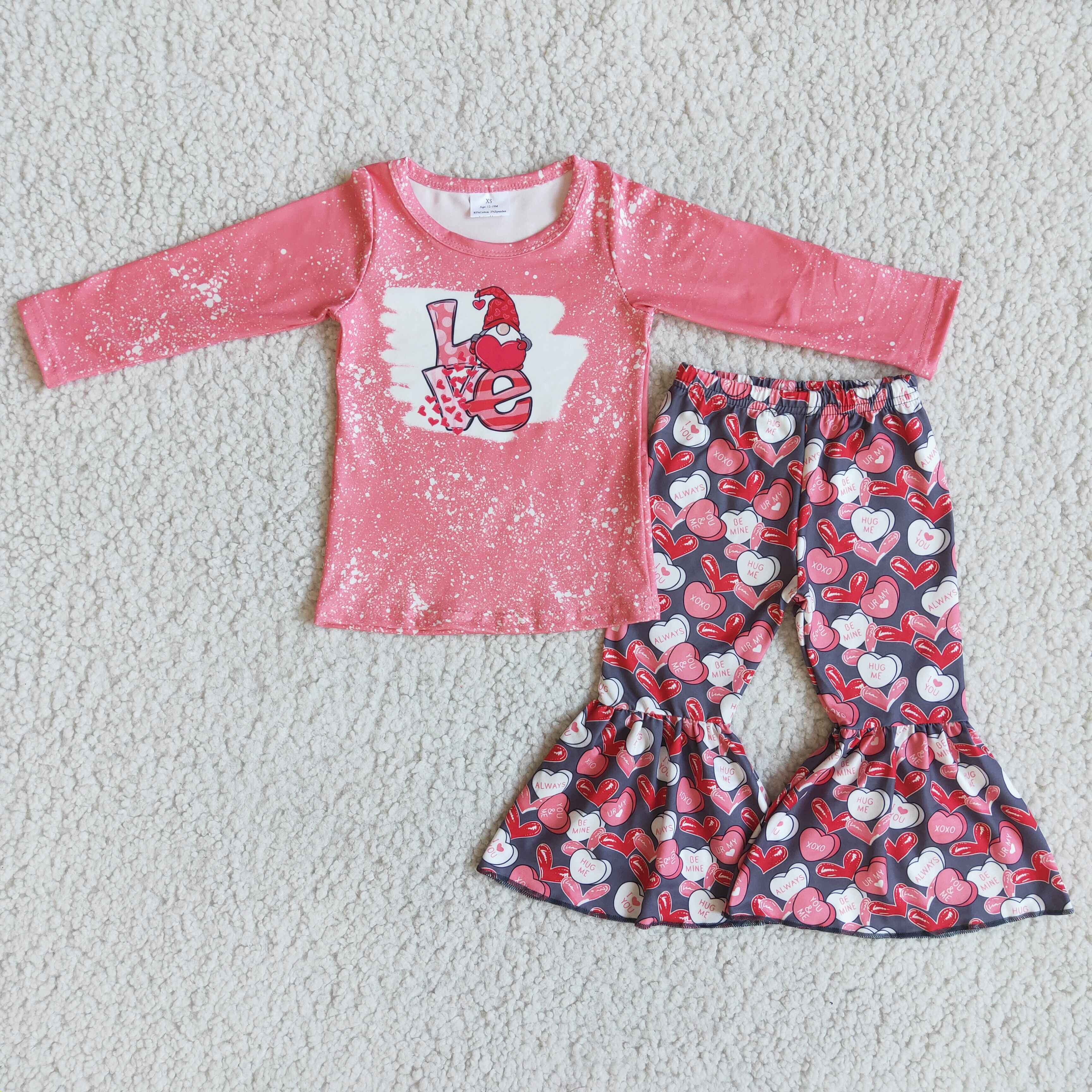 Love gnomies shirt heart print pants baby girls valenitne&