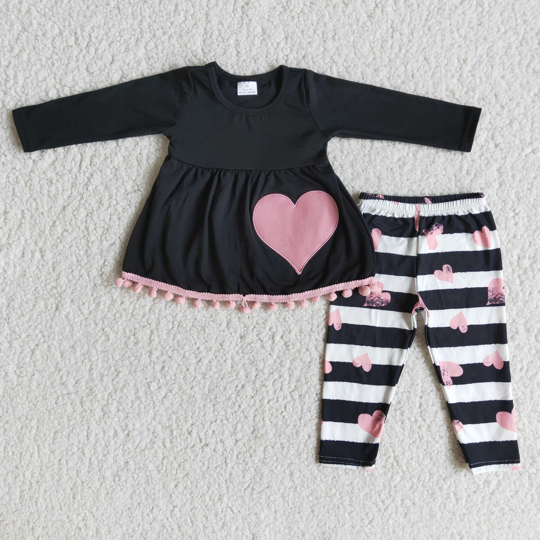 Heart embroidery pom pom tunic leggings set girls valentine&