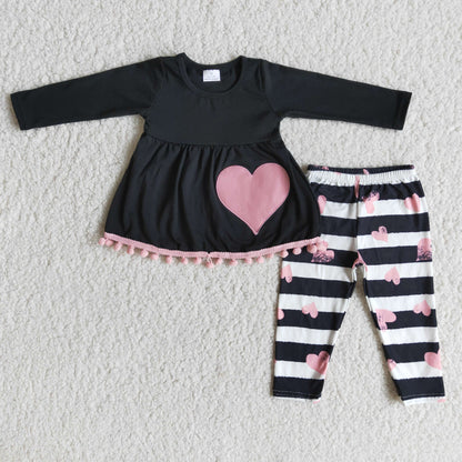 Heart embroidery pom pom tunic leggings set girls valentine&
