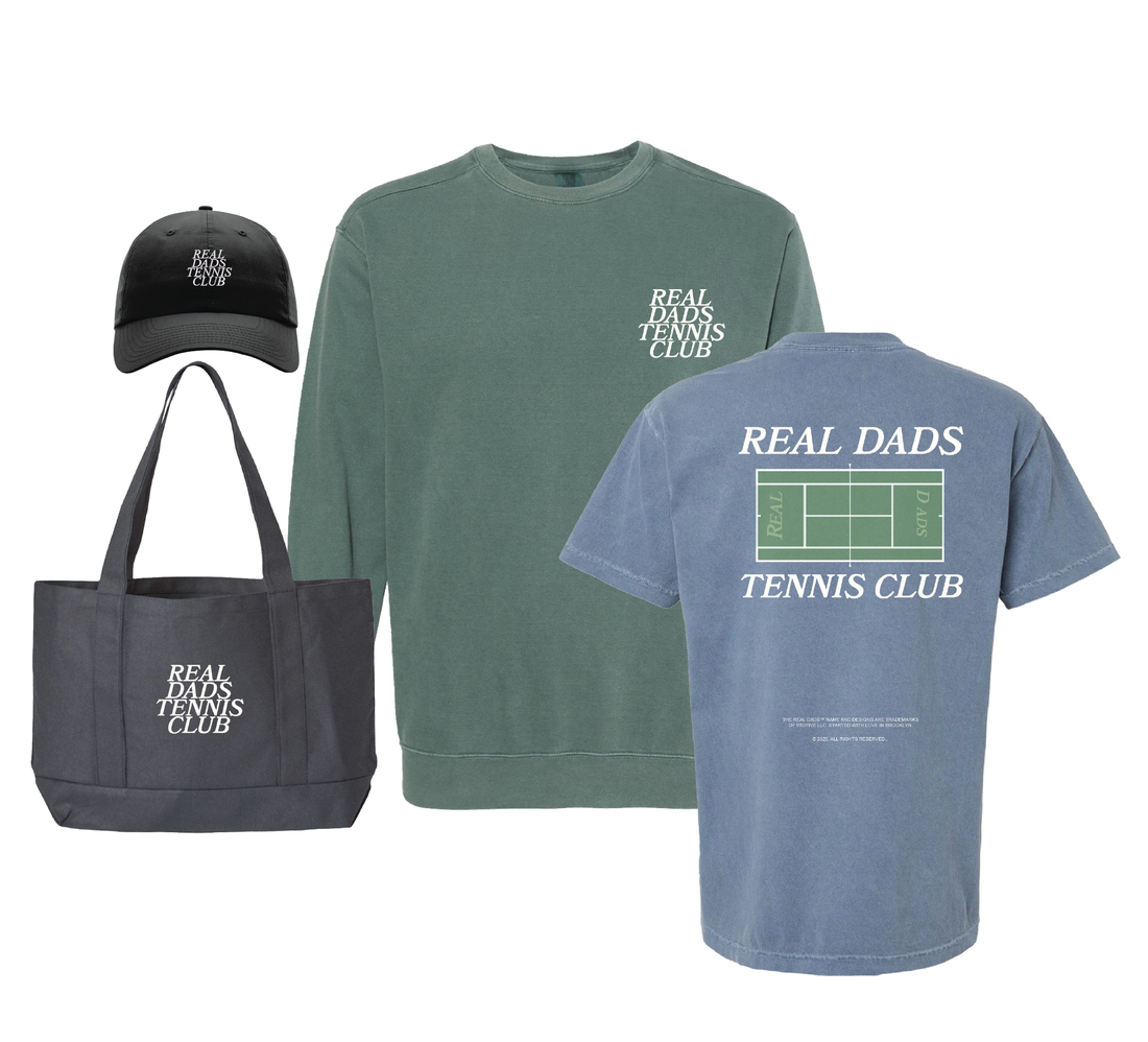 Real Dads Tennis Club bundle featuring branded tennis accessories and gear for tennis enthusiasts.