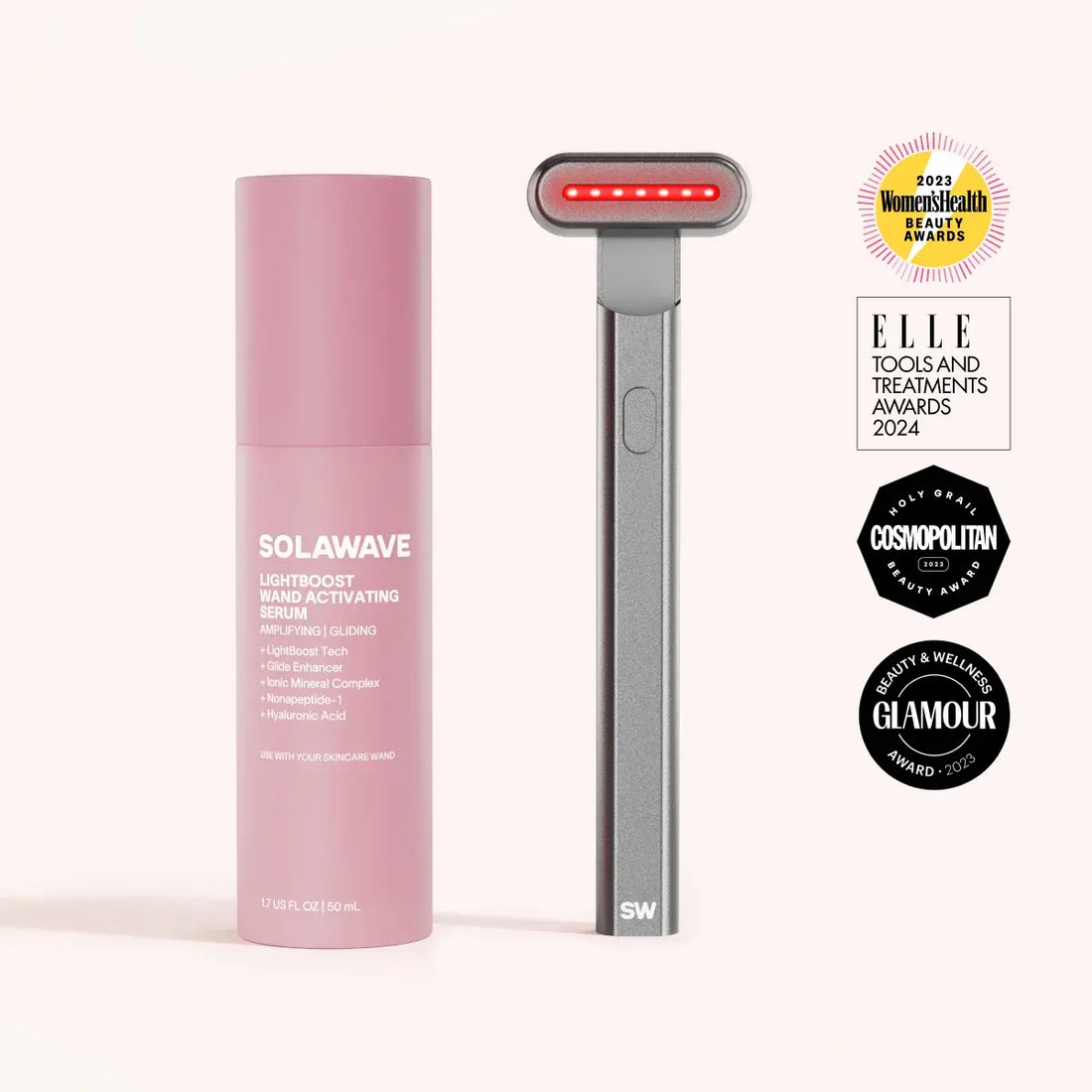 Solawave 4-in-1 red light therapy wand and activating serum kit for skincare, featuring a sleek design and light therapy tools.