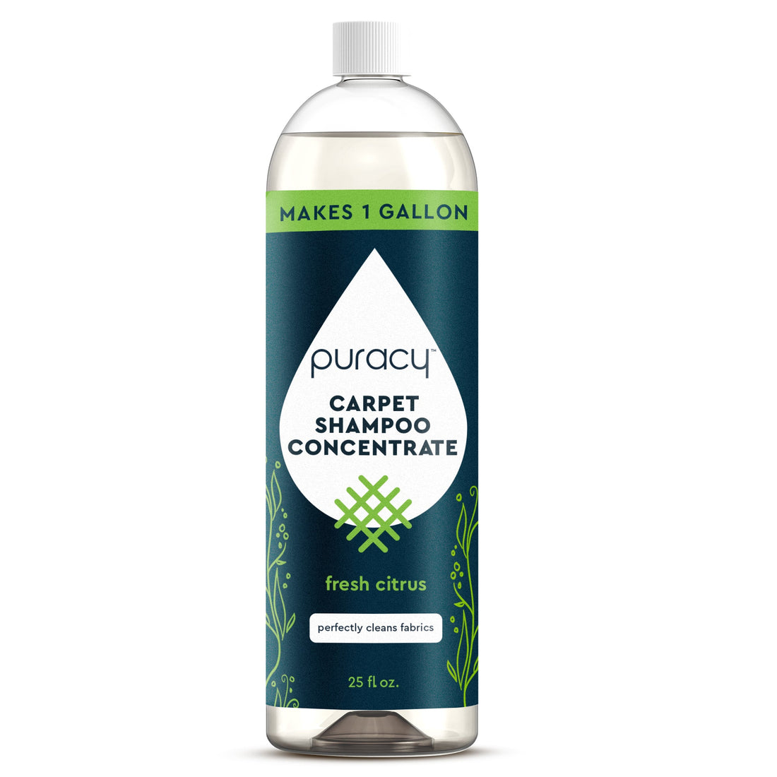 Puracy Carpet and Upholstery Shampoo in a bottle, ready for cleaning carpets and fabric furniture.