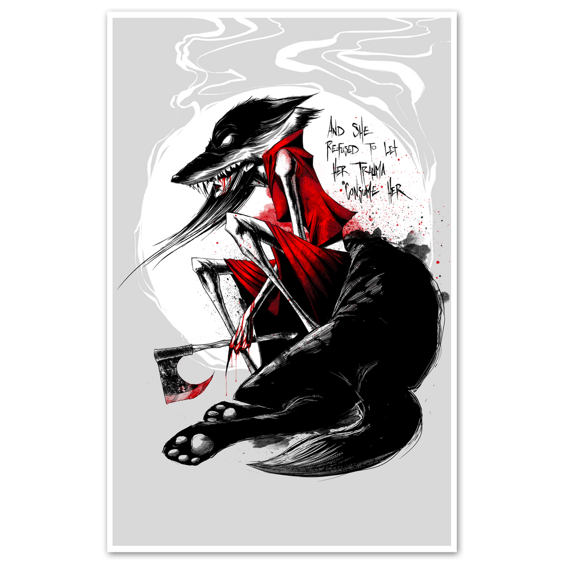 Red Hood print poster by Any Means Necessary Clothing featuring a bold red hood graphic on a white background.