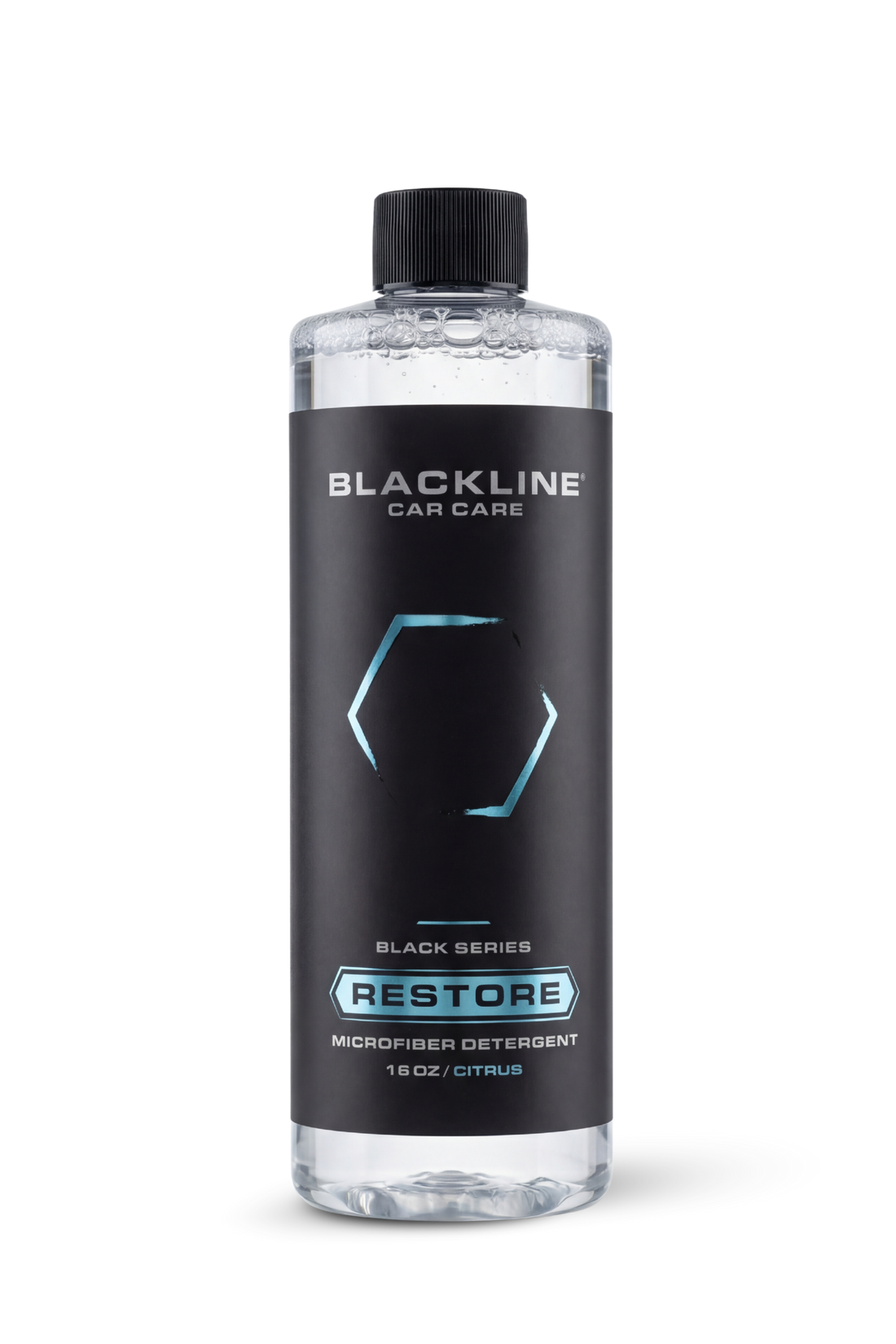 Blackline Car Care BLACKLINE® Restore microfiber detergent in a 16oz bottle, designed for cleaning and maintaining microfiber car interiors.