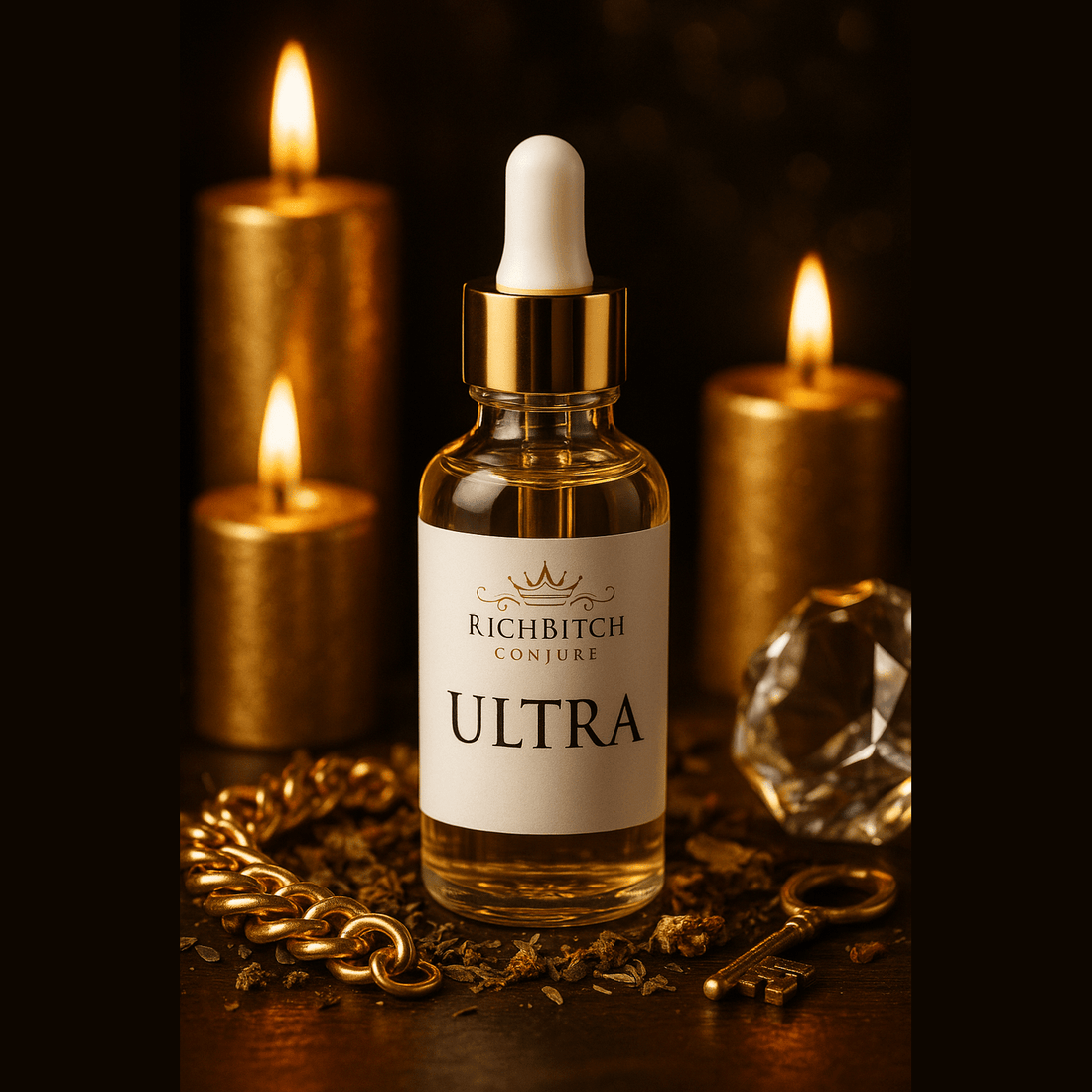 Rich Bitch Conjure ULTRA Conjure Oil in a glass bottle, used for luxury, beauty, and magnetic attraction in hoodoo practices.