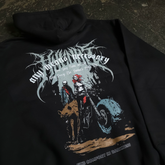 Black zip-up hoodie from Any Means Necessary Clothing with "Ride or Die" art design on the front.