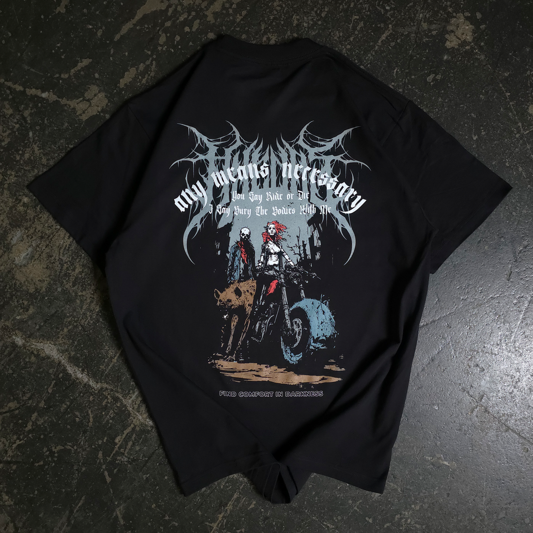 Black Ride or Die T-shirt from Any Means Necessary Clothing, showing the back design with bold text and casual fit.