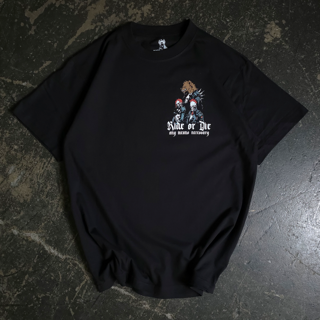 Black Ride or Die T-shirt by Any Means Necessary Clothing featuring bold front graphic design.