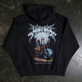 Black Ride or Die zip-up hoodie by Any Means Necessary Clothing, showing the back design and hooded style.