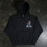 Black Ride or Die zip-up hoodie by Any Means Necessary Clothing, front view showcasing the hoodie’s design and fit.