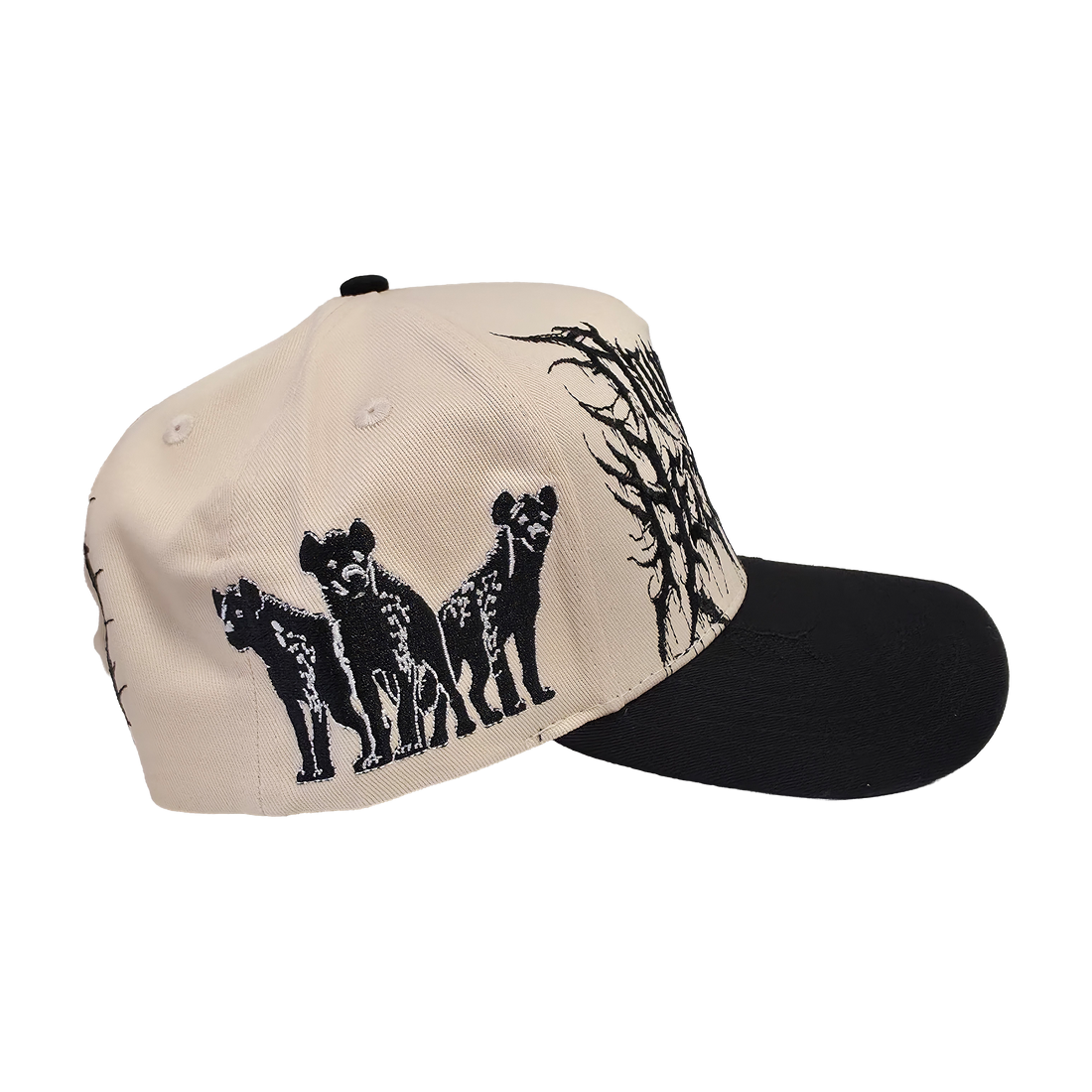 Black roaming hat by Any Means Necessary Clothing, featuring a wide brim and adjustable strap, shown from a side view.