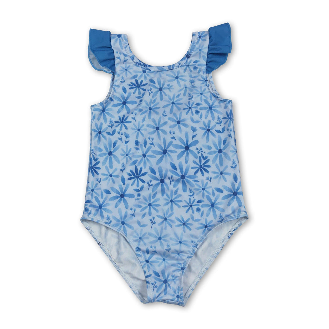 Mini Rodeo blue flutter sleeve floral girl swimsuit with summer style, designed for baby girls, featuring a cute floral pattern.
