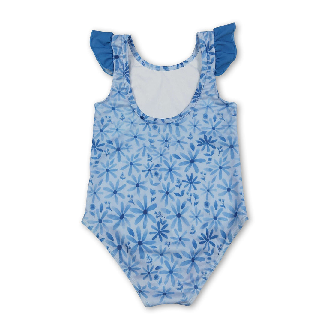 Blue floral girl swimwear with flutter sleeves for summer, designed for baby girls by Mini Rodeo.