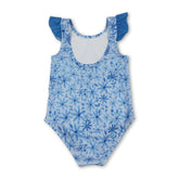 Blue floral girl swimwear with flutter sleeves for summer, designed for baby girls by Mini Rodeo.