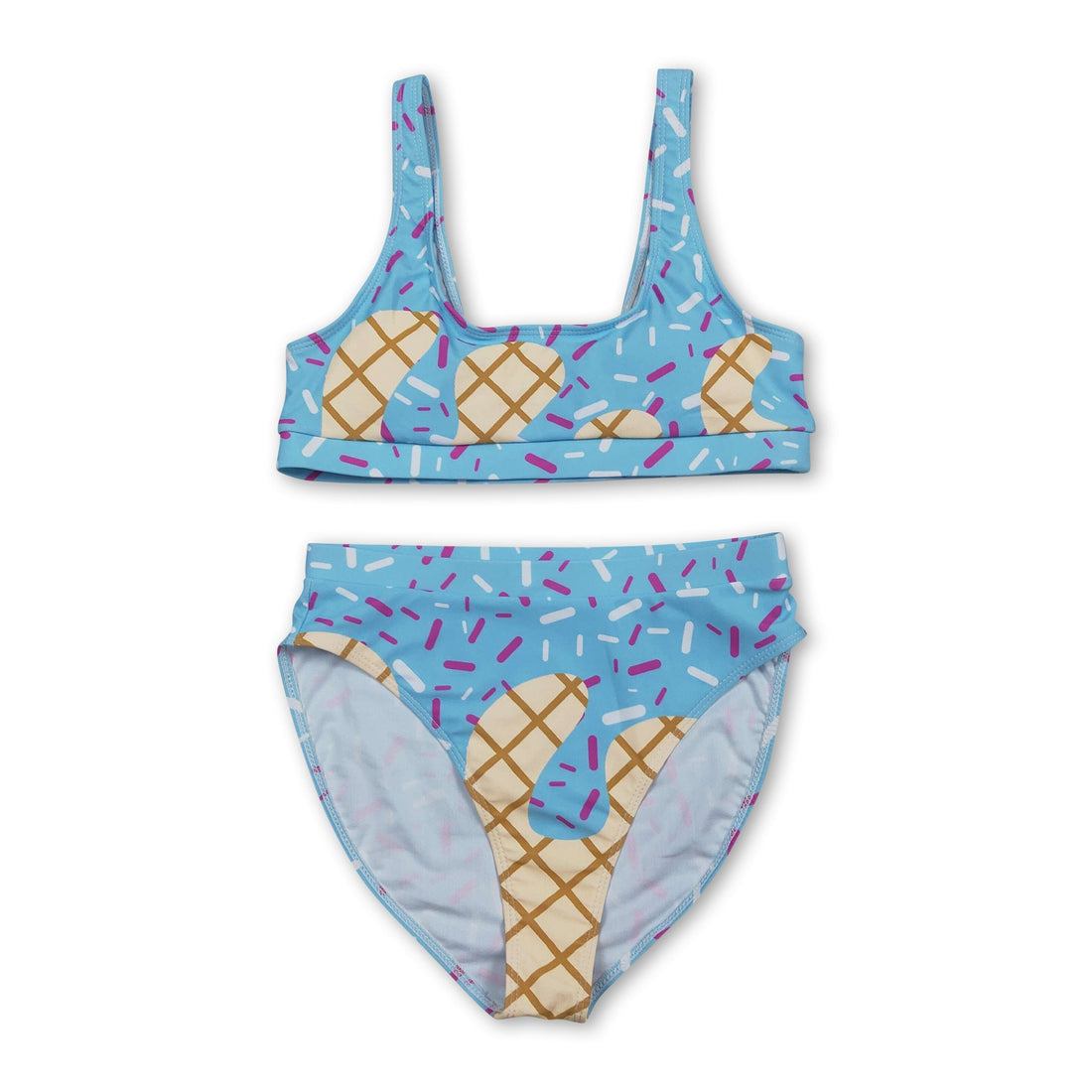 Light blue women’s summer swimsuit with ice cream sprinkle pattern by Mini Rodeo, stylish and perfect for beach or pool.