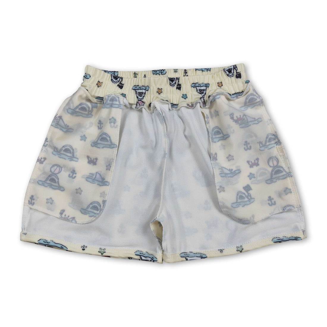 Mini Rodeo boys swim trunks with crab anchor design, perfect for summer beach or poolwear for kids and boys.