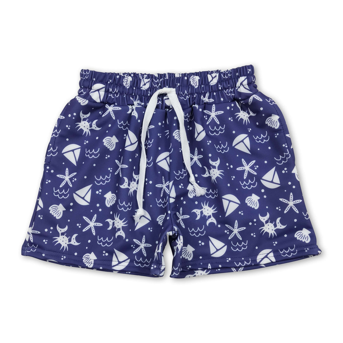 Blue starfish and boat print boy swim trunks by Mini Rodeo, featuring fun summer crab designs for kids and boys.