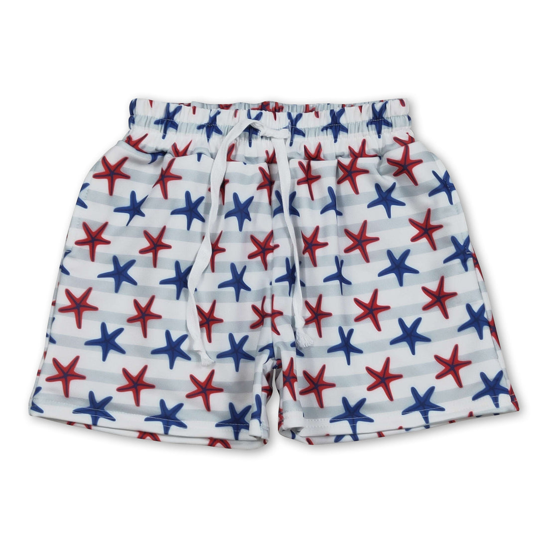 Mini Rodeo boys swim trunks featuring red and blue starfish stripe design for 4th of July summer fun.