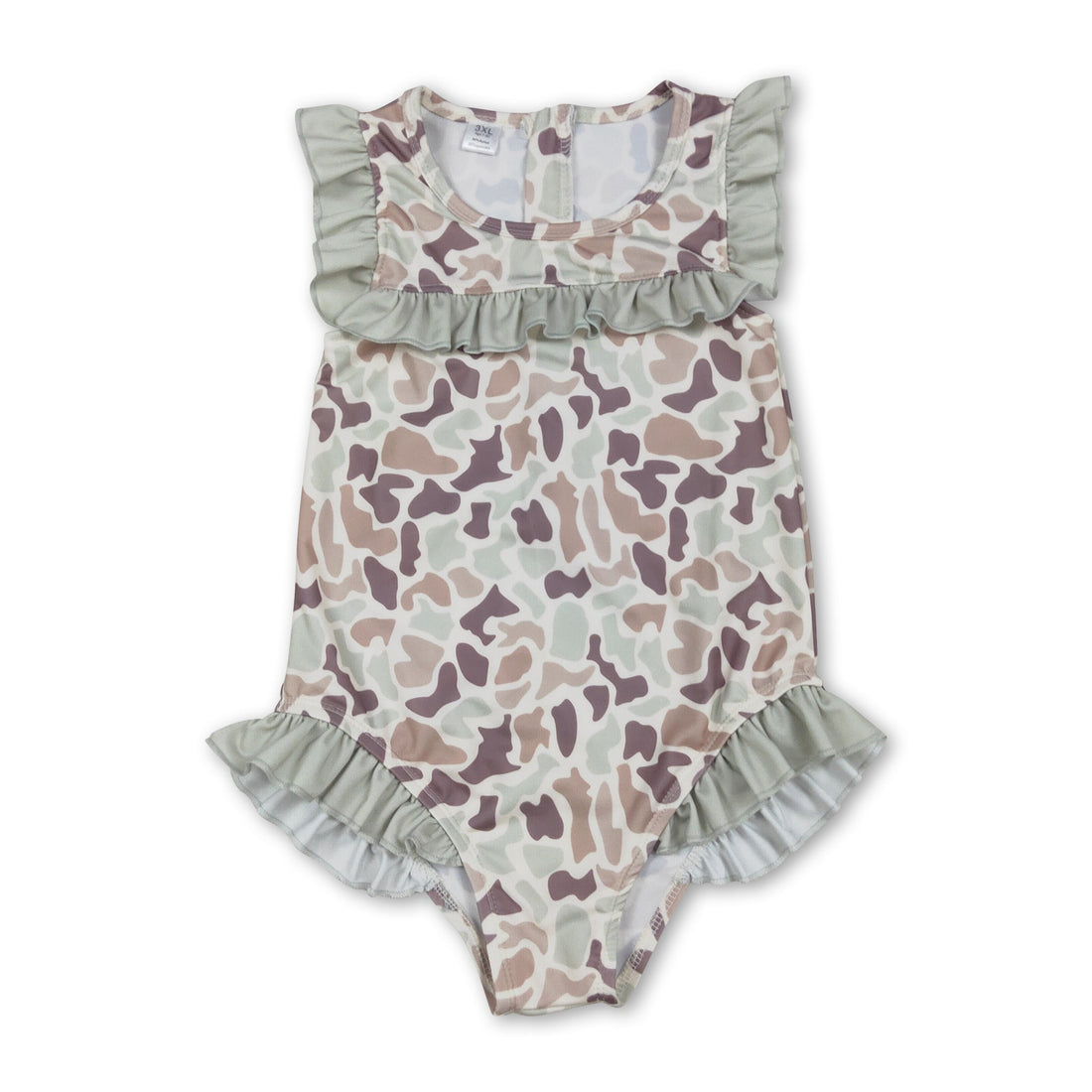 Mini Rodeo ruffle camo hunting baby girl swimsuit featuring a one-piece design with ruffle details and camouflage pattern.