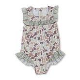 Mini Rodeo ruffle camo hunting baby girl swimsuit featuring a one-piece design with ruffle details and camouflage pattern.