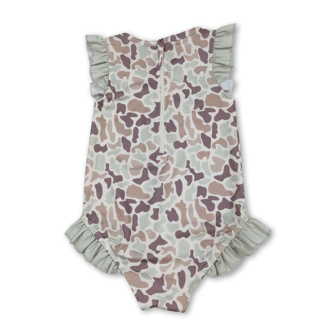 Mini Rodeo girl swimwear: ruffle camo hunting one-piece swimsuit for baby girls with ruffle detail and camouflage pattern.