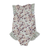 Mini Rodeo girl swimwear: ruffle camo hunting one-piece swimsuit for baby girls with ruffle detail and camouflage pattern.