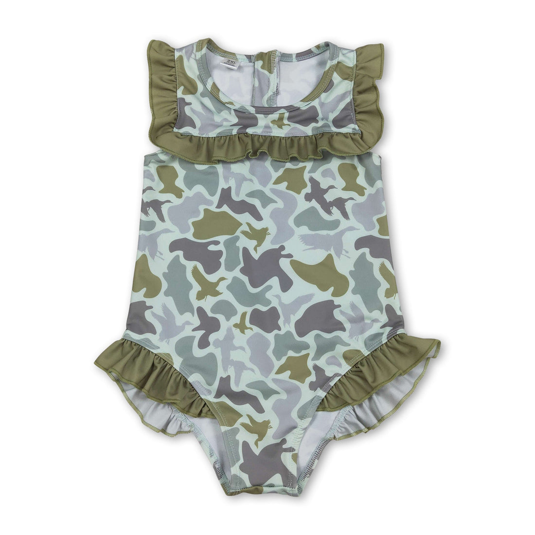 Mini Rodeo ruffle camo duck hunting baby girl one-piece swimsuit with ruffle details and camouflage pattern, suitable for swimming.