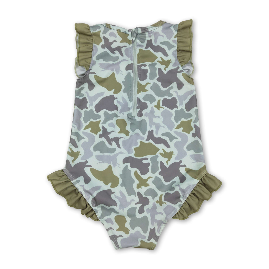 Mini Rodeo ruffle camo duck hunting baby girl one-piece swimsuit, cute girl swimwear with ruffle details and camo pattern.