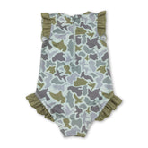 Mini Rodeo ruffle camo duck hunting baby girl one-piece swimsuit, cute girl swimwear with ruffle details and camo pattern.
