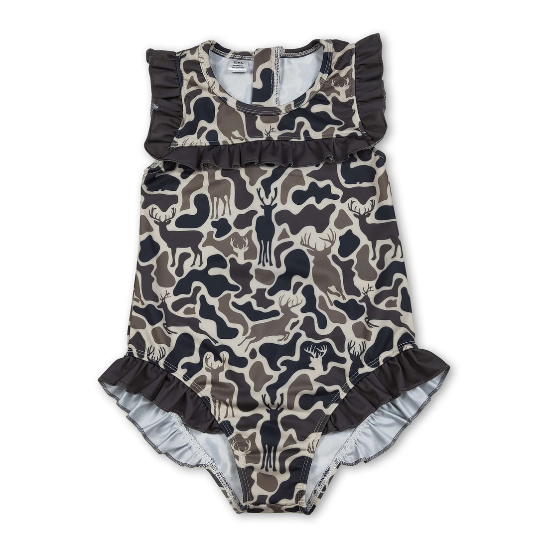 Mini Rodeo ruffle camo deer print girl swimwear one-piece swimsuit for baby girls, with ruffled straps and cute camo design.