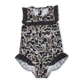 Mini Rodeo ruffle camo deer print girl swimwear one-piece swimsuit for baby girls, with ruffled straps and cute camo design.
