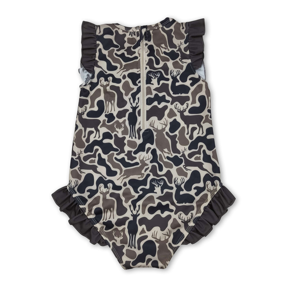 Baby girl swimwear one-piece with ruffle camo deer print for hunting-themed swimwear by Mini Rodeo, featuring cute, comfortable design.