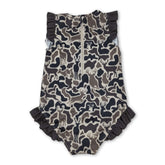 Baby girl swimwear one-piece with ruffle camo deer print for hunting-themed swimwear by Mini Rodeo, featuring cute, comfortable design.