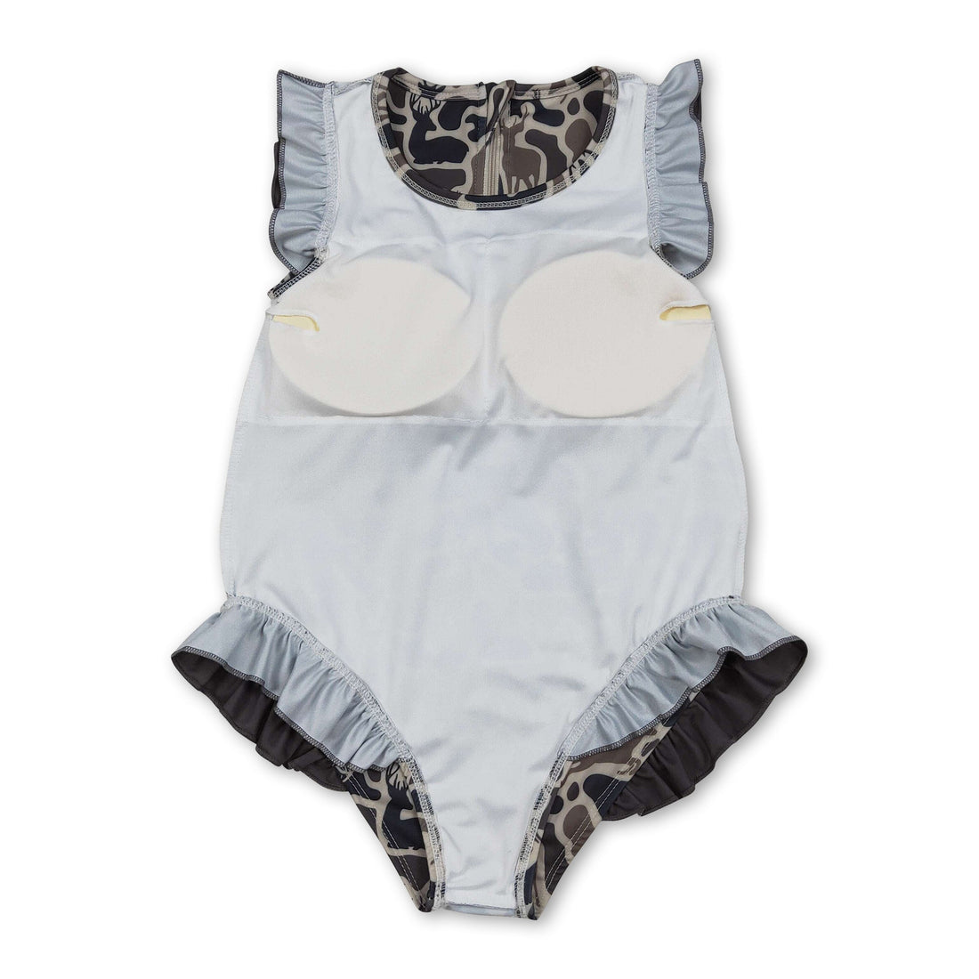 Mini Rodeo girl’s camo deer print one-piece swimsuit with ruffle details, perfect for baby girls&