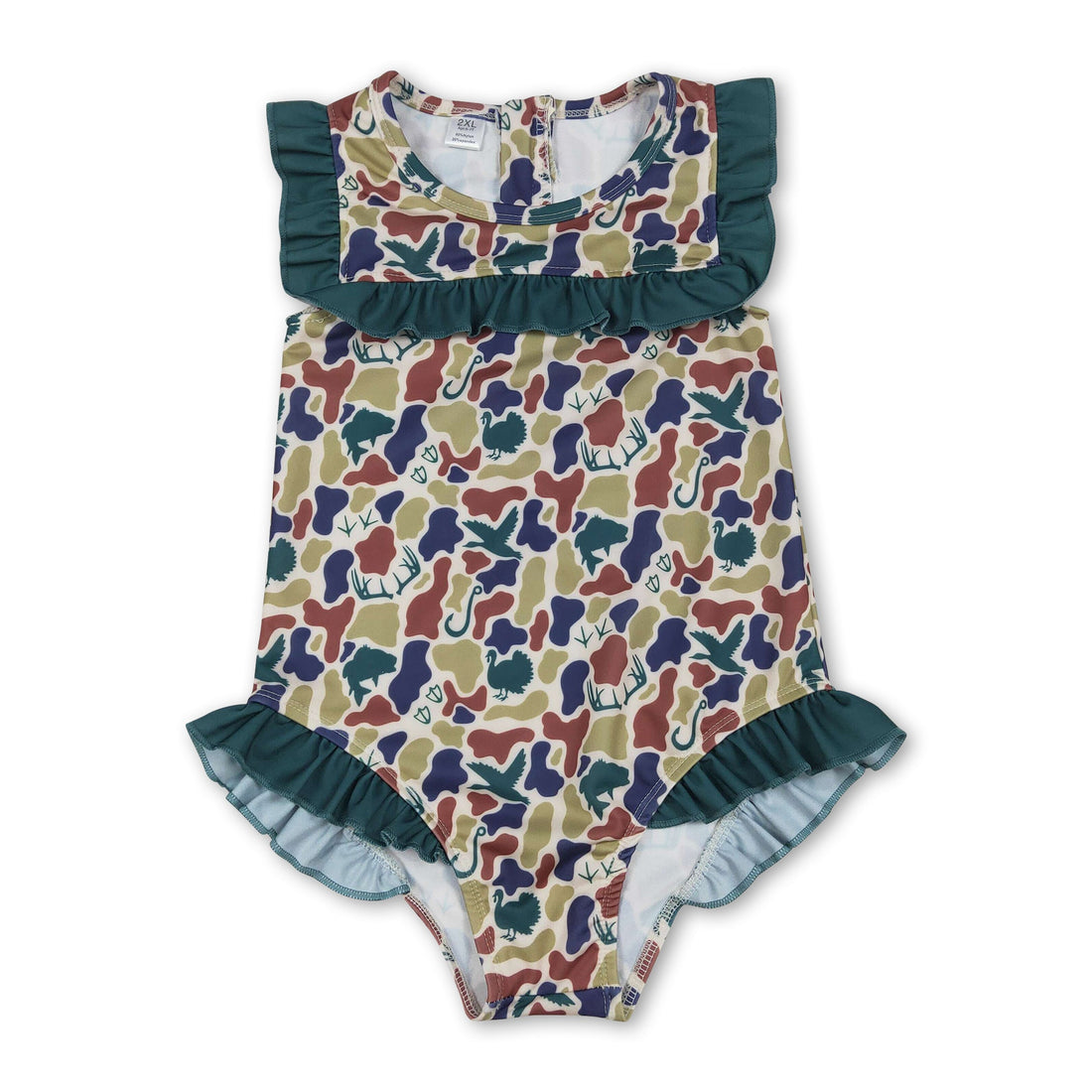 Baby girl swimwear by Mini Rodeo featuring ruffle camo deer duck print swimsuit for fishing and hunting adventures.