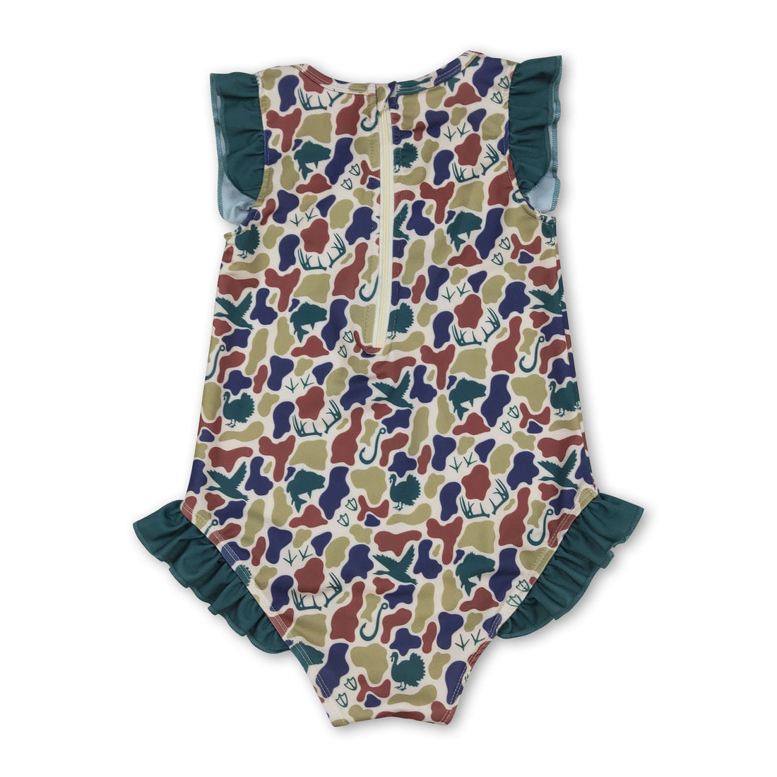 Mini Rodeo girl swimwear featuring ruffle camo deer and duck print, suitable for fishing, hunting, or swimming.
