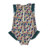 Mini Rodeo girl swimwear featuring ruffle camo deer and duck print, suitable for fishing, hunting, or swimming.