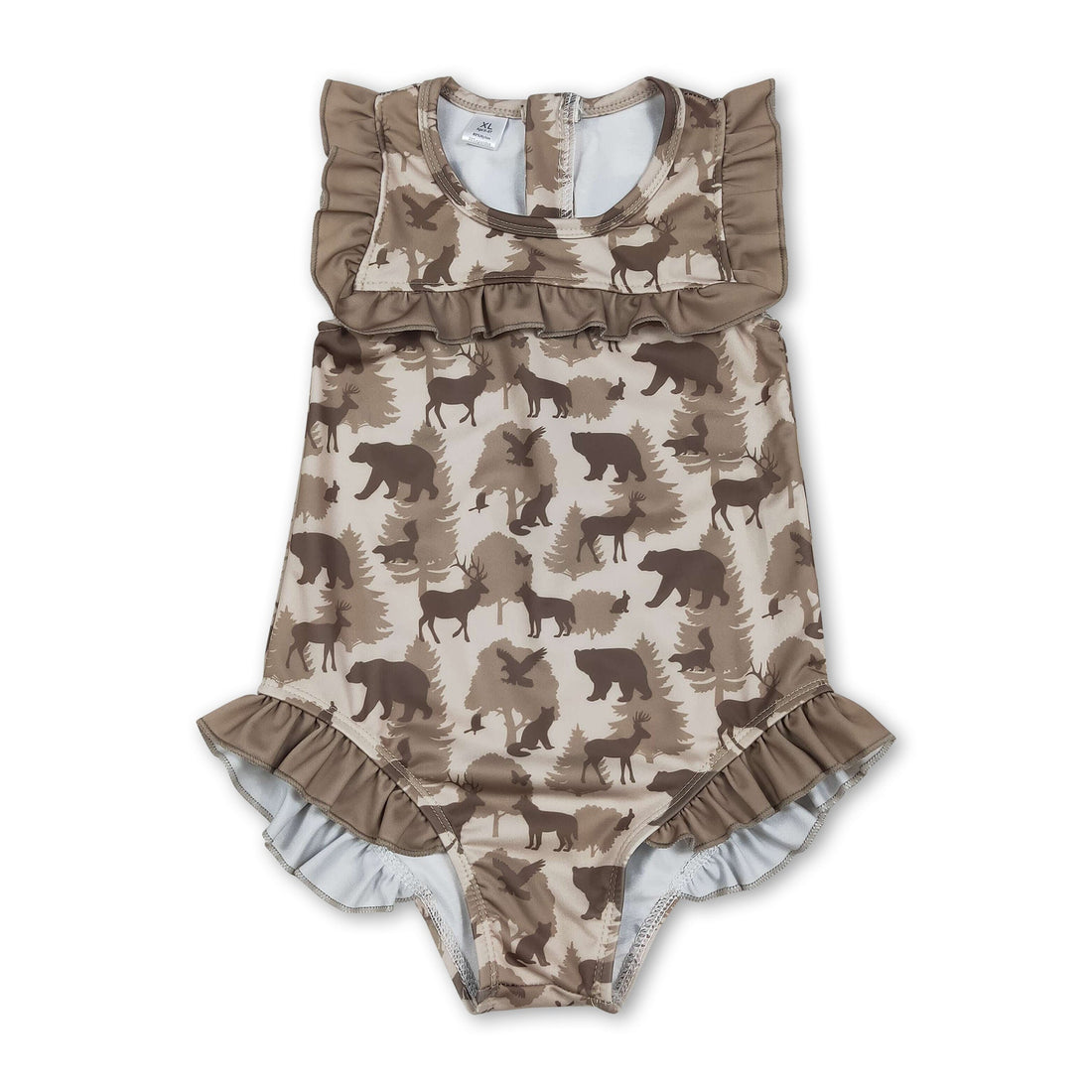 Mini Rodeo girl swimwear with ruffle deer, duck, and bear prints, featuring a cute baby girl swimsuit for hunting-themed summer fun.