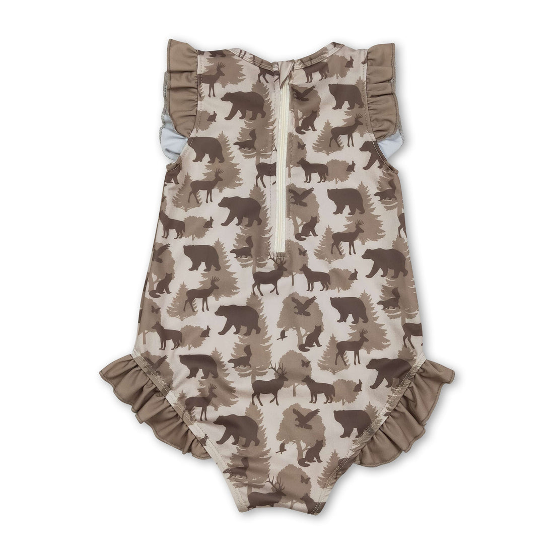 Mini Rodeo girl swimwear featuring ruffle deer, duck, and bear prints in a playful baby girl swimsuit design.